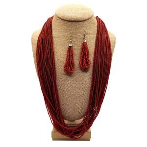 Vtg Dark Red Glass Seed Bead Multi-Strand Necklace Dangle Pierced Hook Earrings
